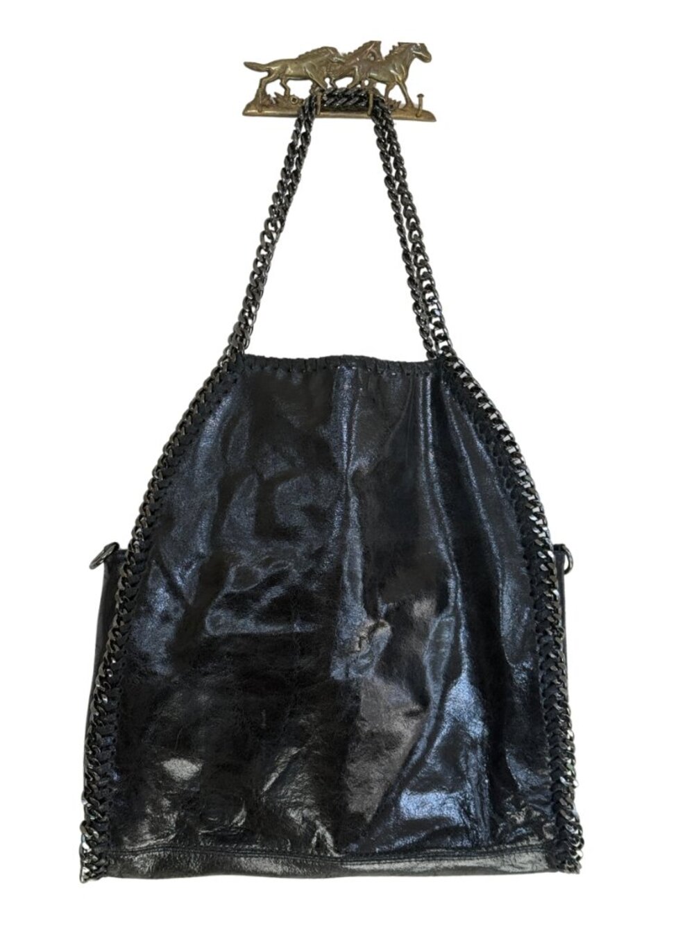 Italian Genuine Leather Heavy Metal Trim Chain Tote Black | Falabella Style